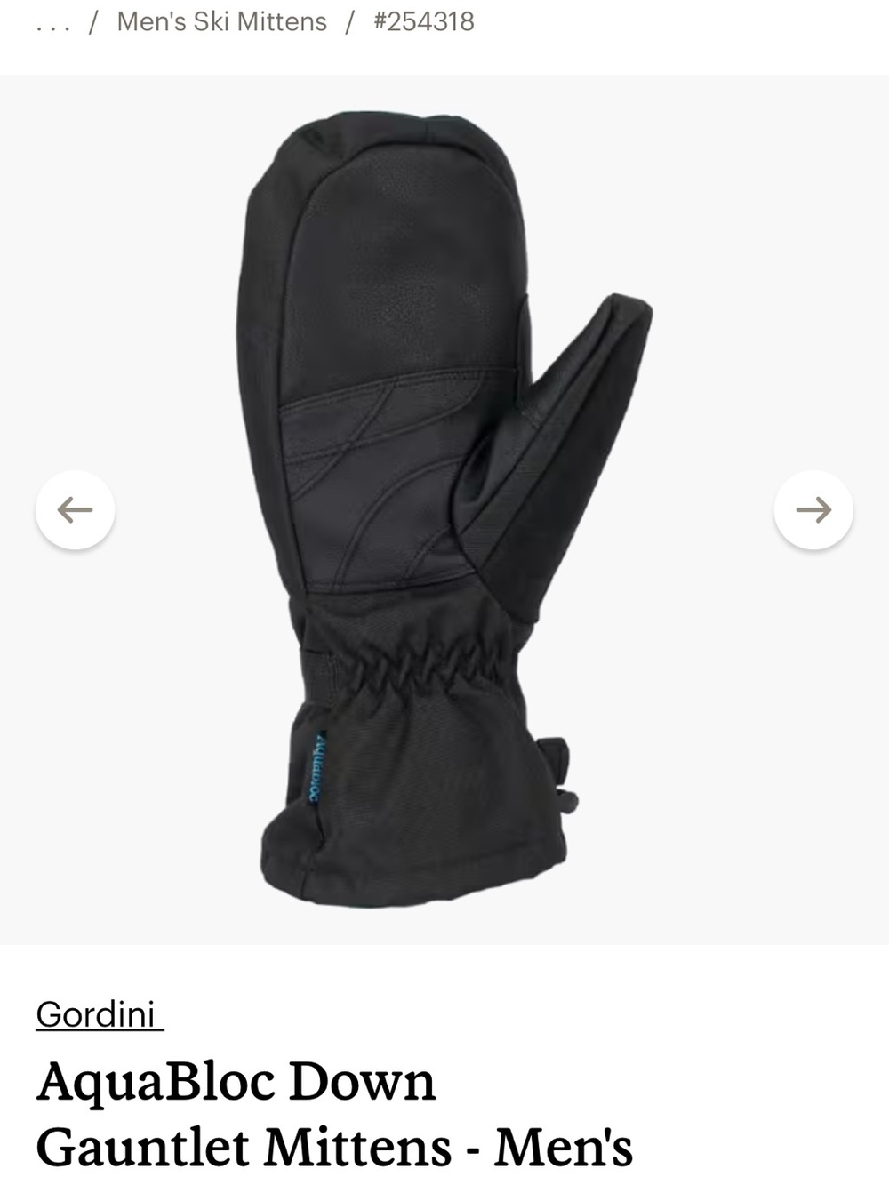 Gordini Men's Black Down Gauntlet Mittens